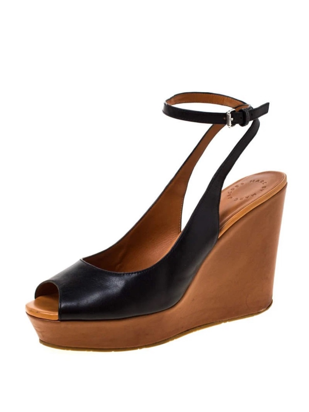 Marc Jacobs Black Leather Peep-Toe Ankle-Strap Wedge Sandals